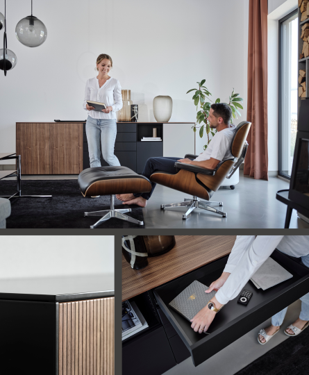 Sideboard Collage mit Nahaufnahmen der Schubladen und Rillenfronten. Zufriedene Kunden steht vor dem Sideboard
