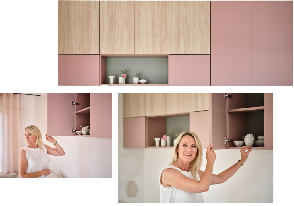 Haengeschrank in rosa Collage mit Bildern des Moebels und einer zufriedenen Kundin