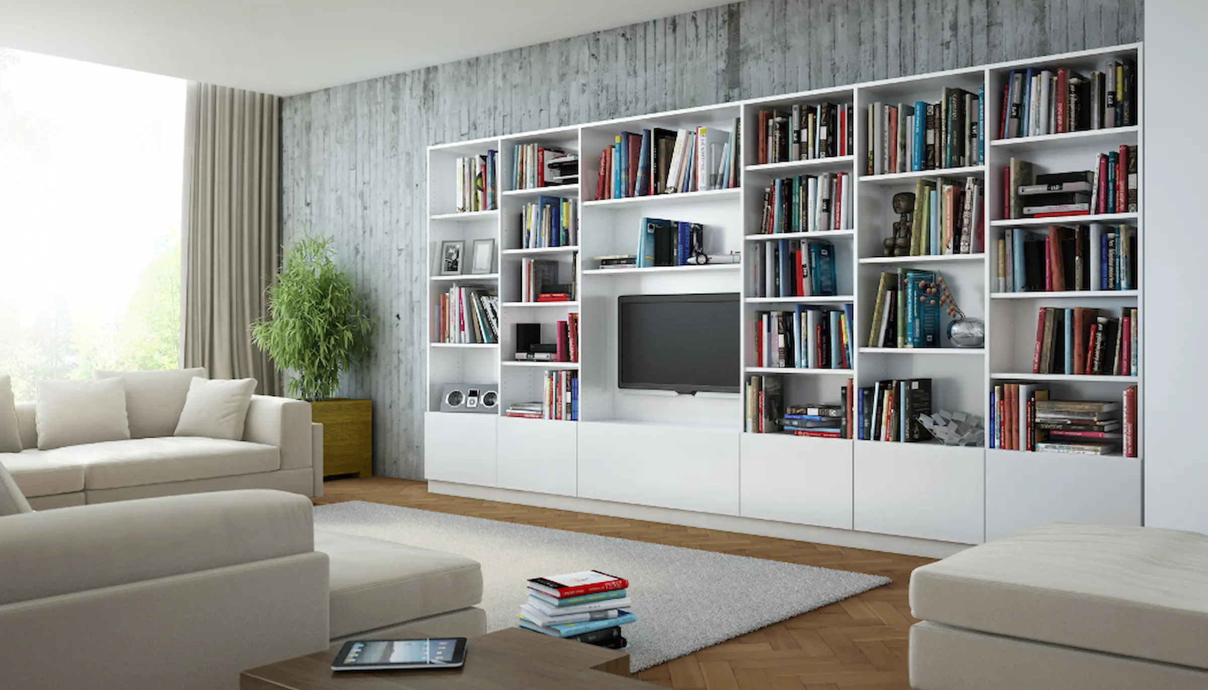 Hifi-Moebel in Weiss als Wohnwand mit TV und Buechern.